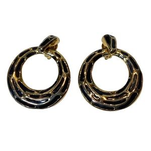 Vintage Signed TAV Hoop Dangle Ststement Earring Black Gold Clip